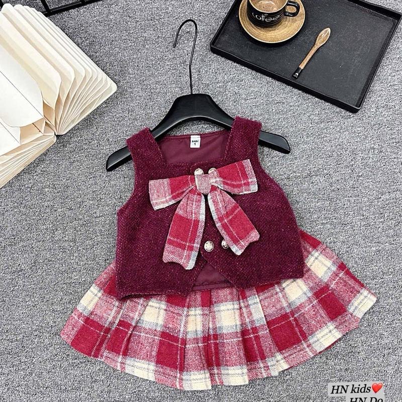 [Kem Dâu Kids] Set Áo gile dạ nhung và chân váy xếp li dạ kẻ phong cách học sinh cho bé gái đáng yêu (10-32kg)