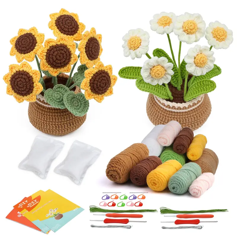 Daisy & Sunflower Design Crochet Kit, 2 Counts/set Floral Crochet Starter Set with Step-by-Step Video Tutorials, Complete Knitting & Crochet Kit for Beginners Adults, DIY Handmade Knitting Supplies 0