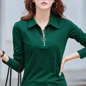 100KG Fat Girl Can Wear New Style Long Sleeve Fashion Zipper Polo Shirt Oversized Women Plain Stretch Lapel T-shirt Lady Blouse with collar