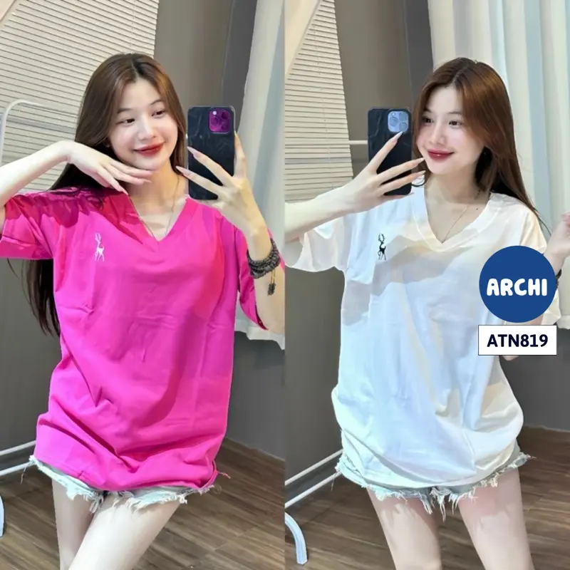 ATN819 Áo thun tay lỡ unisex cổ tim form rộng Archi 0