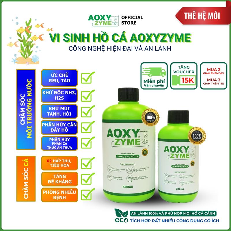 Vi sinh Aoxyzyme cho hồ cá, bể cá thủy sinh giúp ức chế và diệt rêu xanh, tảo gây hại, Khử mùi hôi tanh, Khử khí độc NH3 & H2S trong 24h, Ổn định nước, Cá khỏe, Tăng đề kháng, Tăng hấp thu thức ăn, Giúp cá phòng nhiều bệnh Chai 220mL và 500mL