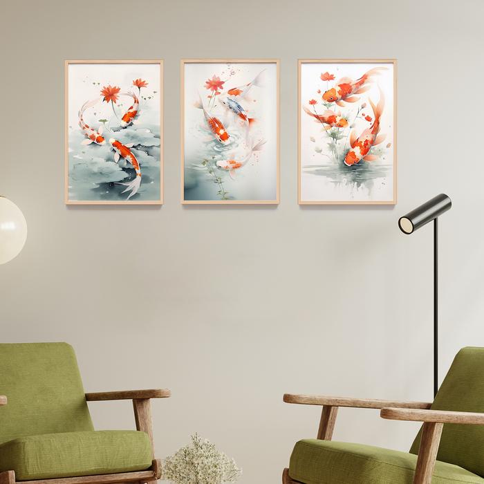 Jual Lukisan Poster Print Ikan Koi frame kayu, dekorasi dinding kamar ...