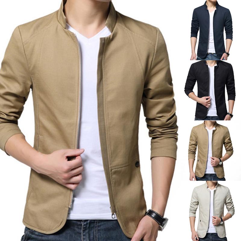 Casual Men Autumn Solid Color Stand Collar Zipper Pockets Thin Slim Blazer Coat 1