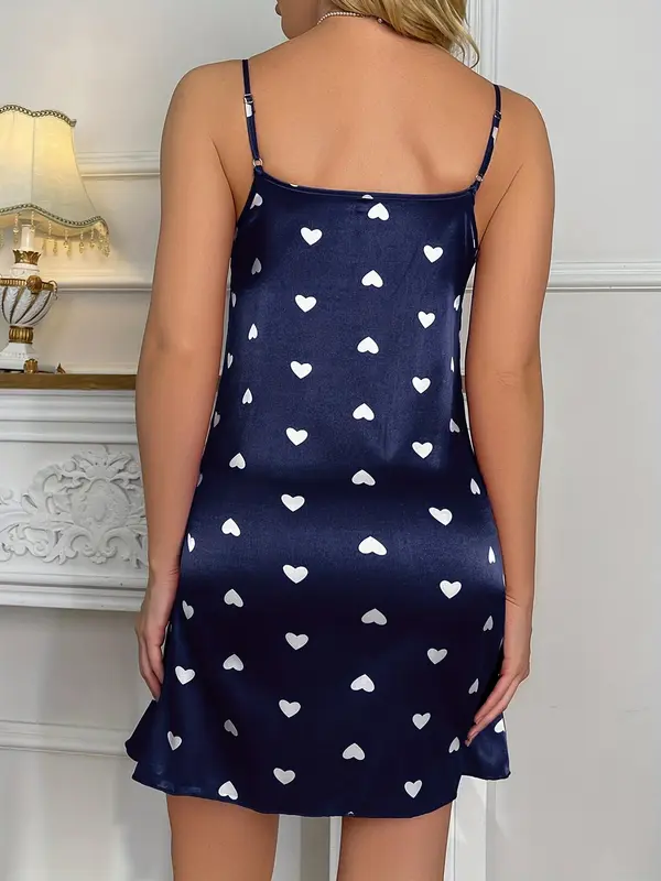 Women's Heart Print Adjustable Strap Satin Nightdress, Casual Sleeveless Cami Silk Nightgown for Daily Home Wear, Women's Sleepwear for Summer 4