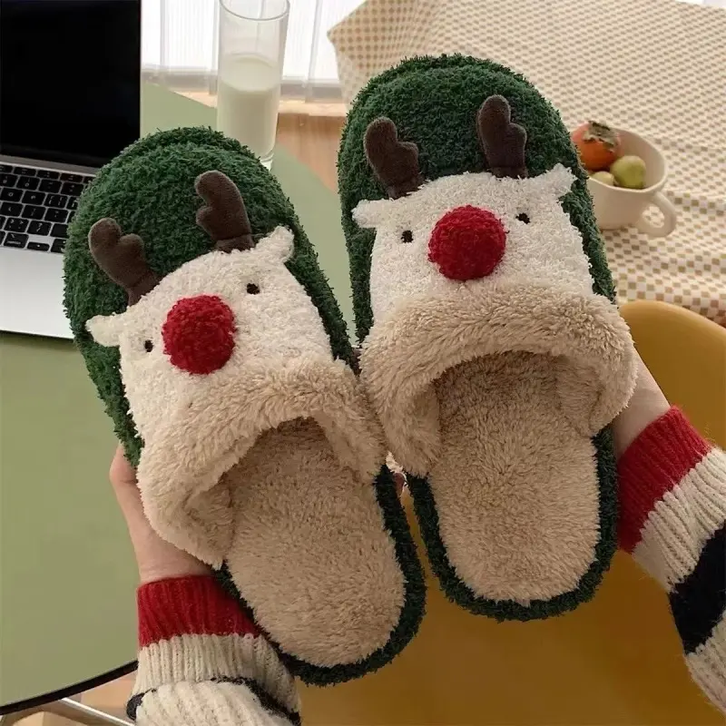 Selipar Kapas, Reka Bentuk Rusa Krismas Comel, Untuk Wanita dan Lelaki, Fesyen Ins Musim Sejuk, Rumah, Tidak Licin, Kasut Kapas Mewah Pasangan, Kasut Berpantang
