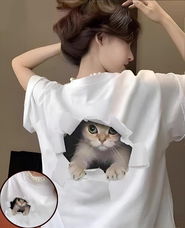 0141  Áo thun ngắn tay in hình mèo cotton hạng nặng mùa hè 2024 mới thiết kế rộng rãi thích hợp áo vai- Nữ Women Top