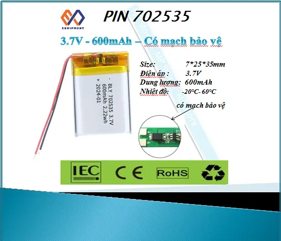 Pin Sạc Lithium 702535 3.7V  600 mAh (có mạch bảo vệ)