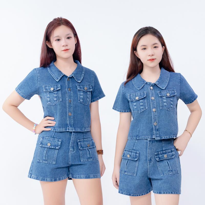 Sét Jean Nữ Cao Cấp Áo Croptop Mix Quần Đùi Cạp Cao Túi Hộp - MÀU XANH ĐẬM BT001
