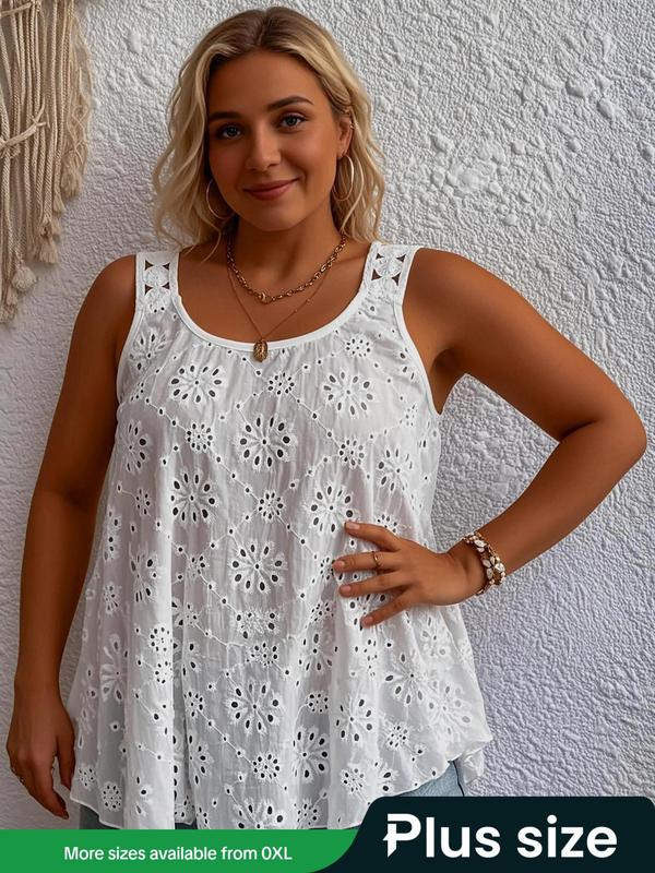 【Plus Size】 Solid Hollow Out Tank Top, Casual Sleeveless Knitwear for Summer, Women's Plus Clothing for Daily Wear, Womenswear 0
