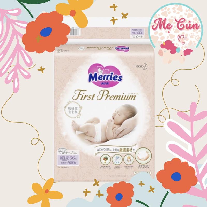 Tã quần, tã dán Cao Cấp Merries First Premium dán NB66, S60, M48, tã quần M46, L36, XL32 Kem