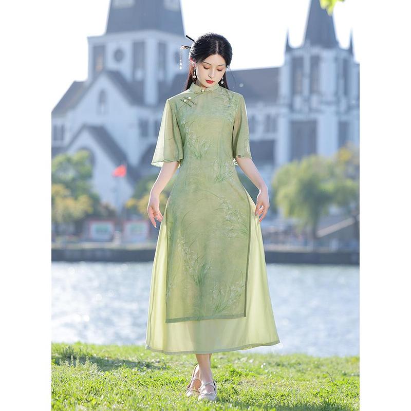 Chiêu Gấm Xanh Bộ Đồ Trà Ao Dai, Phong Cách Trung Quốc Cải Tiến, Thích Hợp Cho Bé Gái Trẻ, Thích Hợp Cho Kỳ Thi Tuyển Sinh Đại Học Lan, Hàng Mới Về Mùa Hè 2025, Miễn Phí Vận Chuyển Women Dress 4