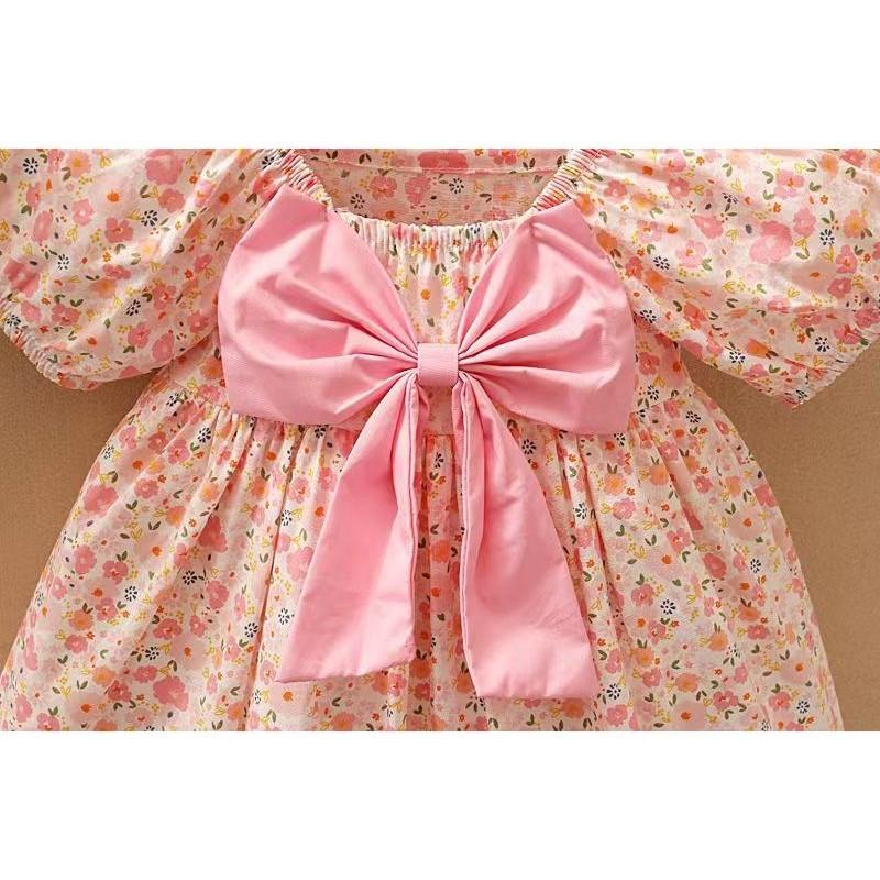 （COD）dress Korea baru untuk anak perempuan kecil - Motif bunga yang menggemaskan dan hiasan pita, lengan bergembung, bahan lembut dan gaya longgar dress  an gaun  kupu Fashion Baju 4
