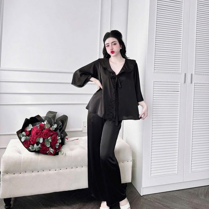 From RỘNG (45-70kg) Bộ Quần Áo Tiểu Thư Quần Dài, Áo Nơ Tay Lững Phối Ren Nữ Women 0
