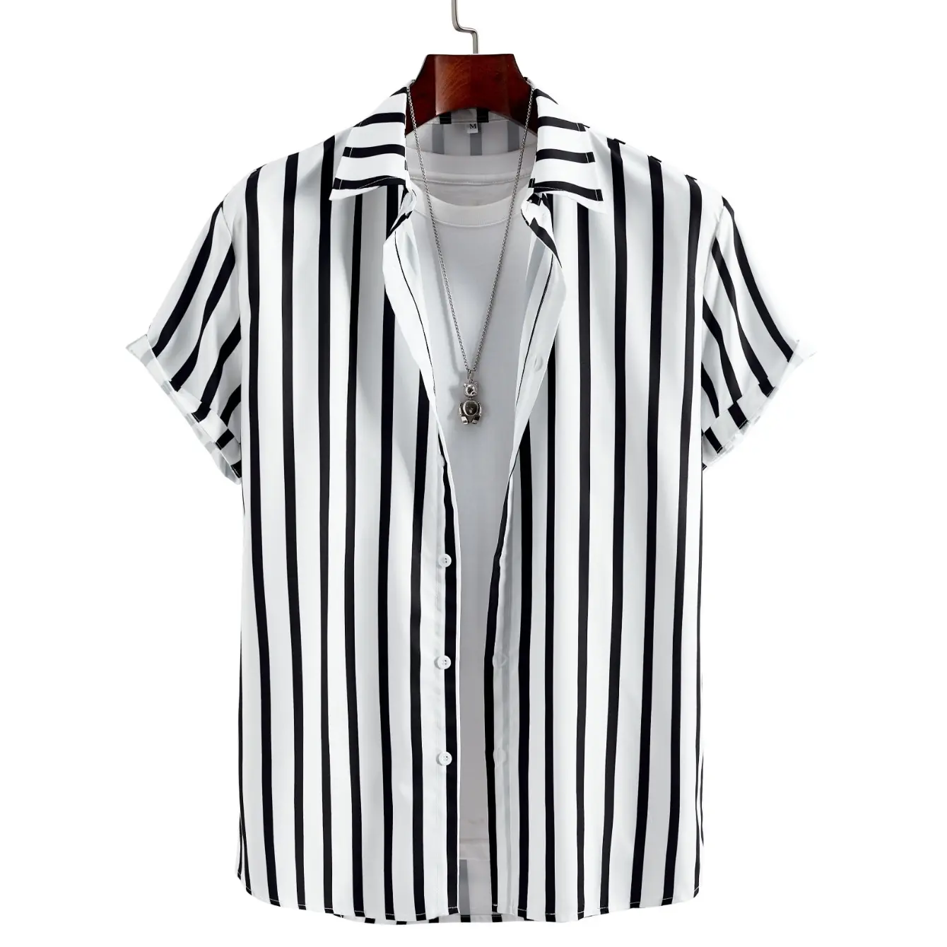 Summer vacation resort Hawaiian style men's short-sleeved collar shirt color block stripe pattern print