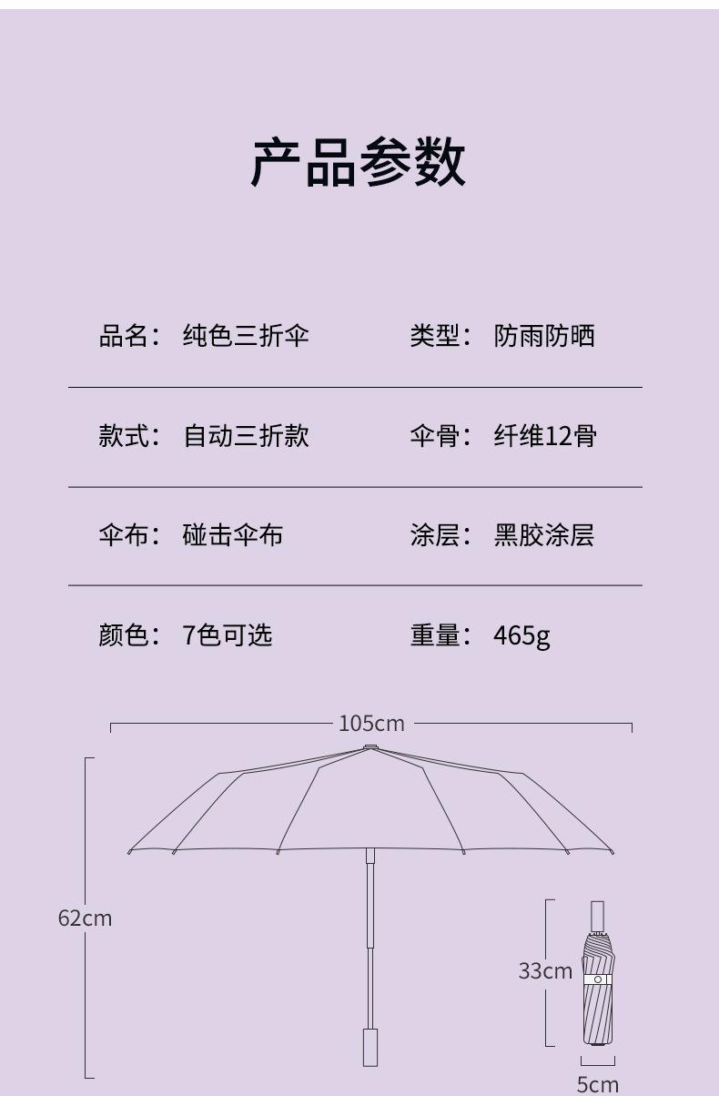 Product Introduction of Solid color three folding windproof umbrella coating Sun protection umbrella One key retractable automatic folding umbrella high appearance level selling women's and men's sunny umbrella  Uv Protection 2