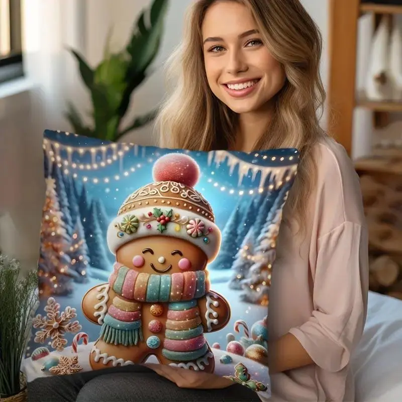 Cartoon Gingerbread Man Pattern Cushion Cover, 1 Count Square Throw Pillow Cover, Household Decoration Supplies for Home Living Room Sofa Bed 2