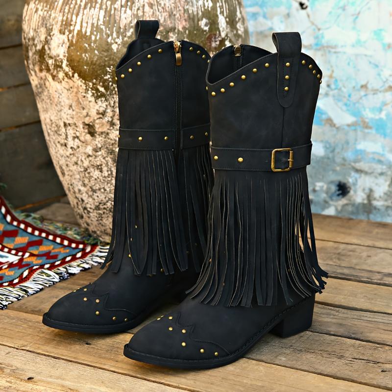 Product Introduction of Fashion-forward Womens Tassel Heel Boots - Luxurious Tassel Accents & Shimmering Beads, Chunky Heel, Smooth Side Zipper for Easy On/Off, Ultimate Comfort for All-Day Wear Girl Footwear 23