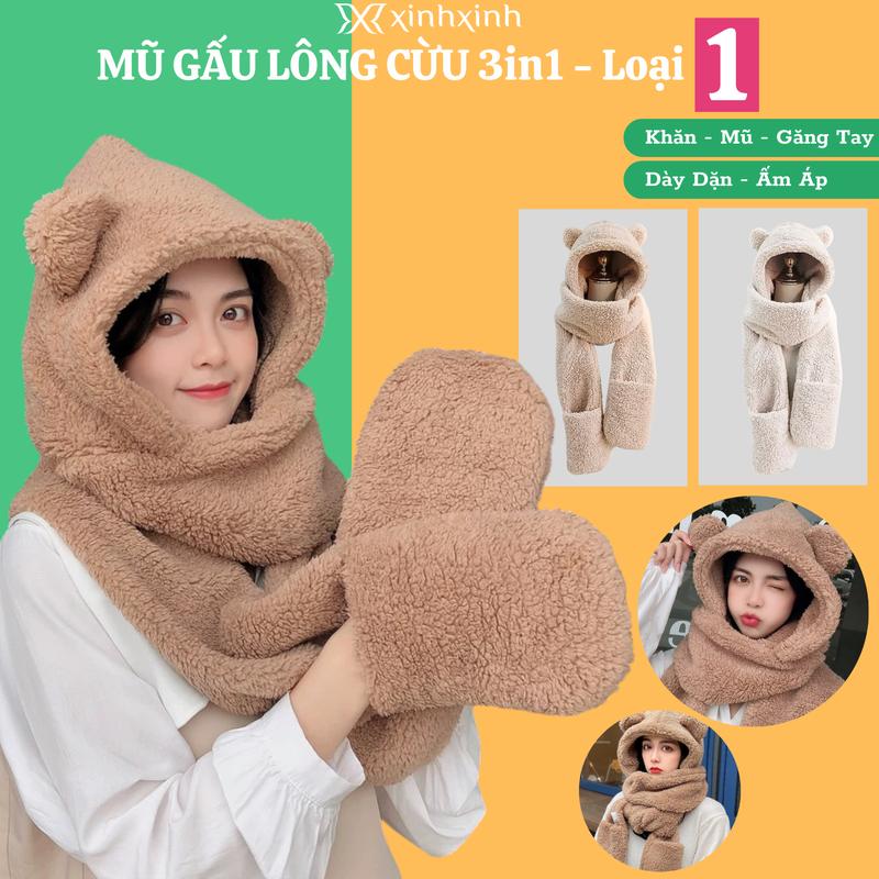  Mũ Gấu Lông Cừu Loại 1 Kèm Khăn Quàng Cổ và Găng Tay Cho Nữ - Mềm Mại và Ấm Áp 