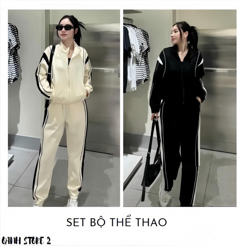  Set Bộ Dành Cho Nữ Dài Tay Phối Viền Sọc Kẻ - Chất Liệu Thun Cát Hàn Dày Dặn 2 Màu Trắng Đen Siêu Xinh   BỘ NỈ VIỀN   