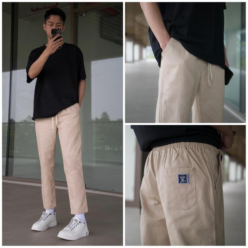 Quần ống suông nam nữ baggy kaki basic unisex lưng chun có dây rút màu đen và màu be đẹp trẻ trung hà nội Menswear Cotton Ong Pants