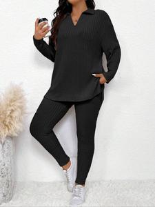 【Plus Size】 Two-Piece Set Solid Drop Shoulder Collared Tee & Skinny Pants, Casual Fashion Cozy Long Sleeve Ribbed Top & Leggings for Daily Outdoor Wear, Women's Two-piece Outfits for Fall & Winter