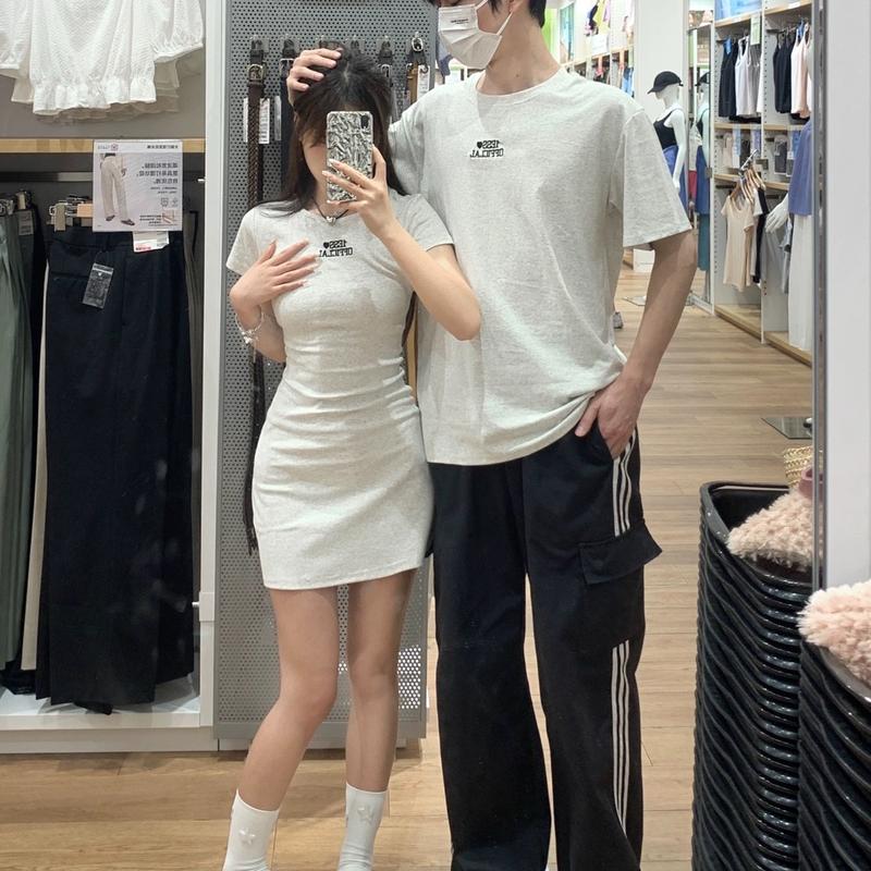 Áo váy cặp đôi đen và xám muối tiêu body thêu chữ thun cotton xinh - FOREVER COUPLE