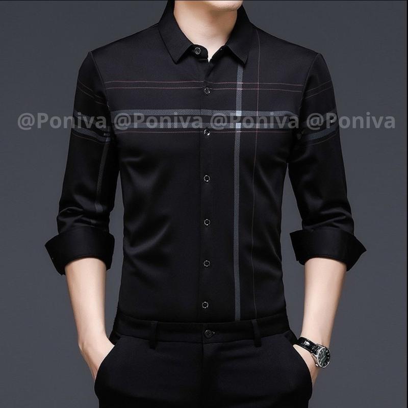 Áo sơ mi nam dài tay phối họa tiết kẻ sọc ngang dọc PN99 chất vải kate lụa thời trang nam PONIVA cao cấp Menswear Shirt Shirt