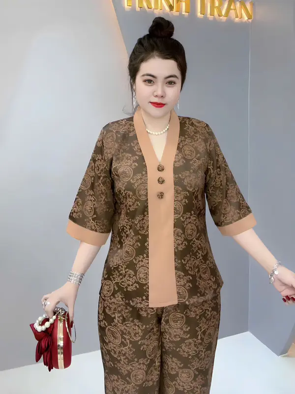 Bộ BÀI LAI GẤM NÚT BỌC tay lỡ quần dài, bộ gồm 2 món áo và quần. 3