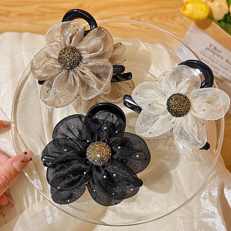 Càng Cua Tóc Hoa Kim Cương Giả Lưới, Dành Cho Nữ, Thời Trang Hàn Quốc, Phong Cách Càng Cua Hoa Hướng Dương Đen, X4X6 5