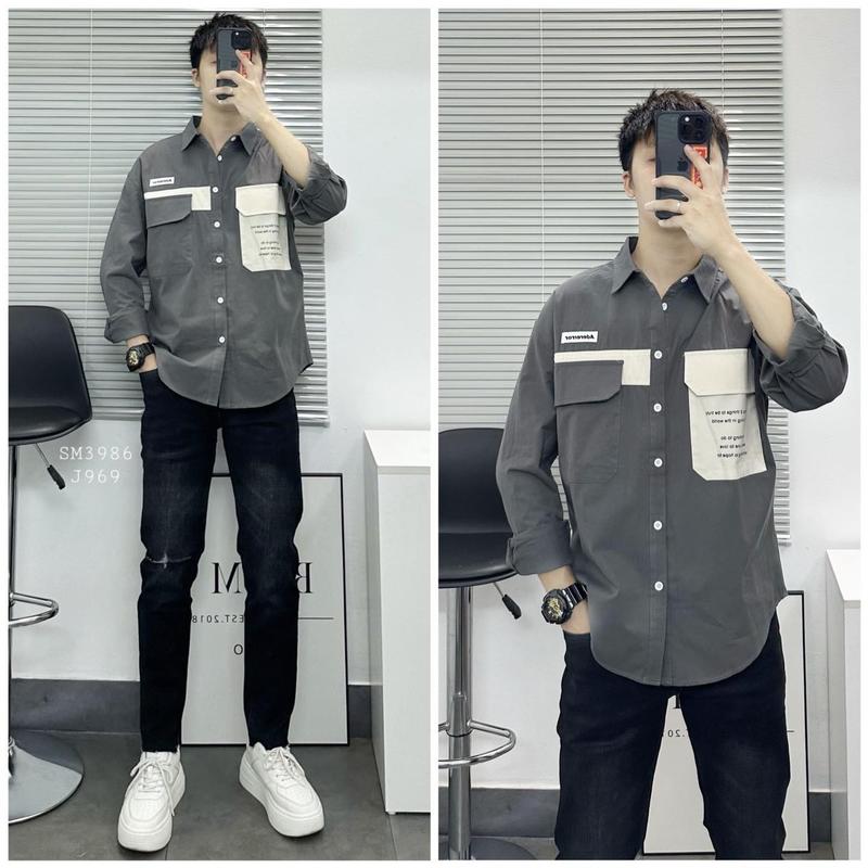 áo sơ mi nam dài tay màu xám  phối màu in chữ thời trang mẫu mới 085 Menswear Shirt Có Cổ