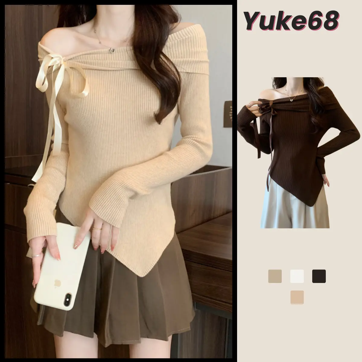 Áo Len Trễ Vai Kèm Dây Buộc Nơ YUKE68 Thiết Kế Vạt Nhọn Style Thanh Lịch Dịu Dàng Mặc Đi Chơi Đi Noel - TV785
