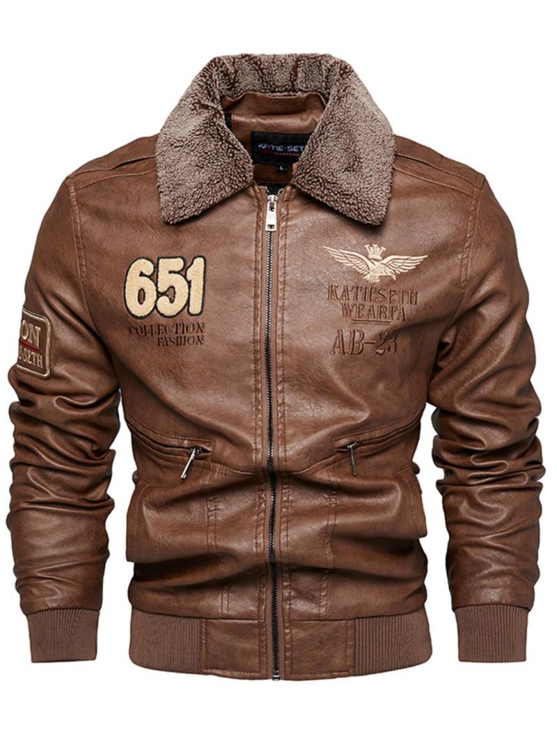 Product Introduction of Men's Letter Patched Pocket Zipper PU Leather Jacket, Punk Fashion Long Sleeve Collared Outerwear for Daily Outdoor Wear, Men Cloths for Fall & Winter 7