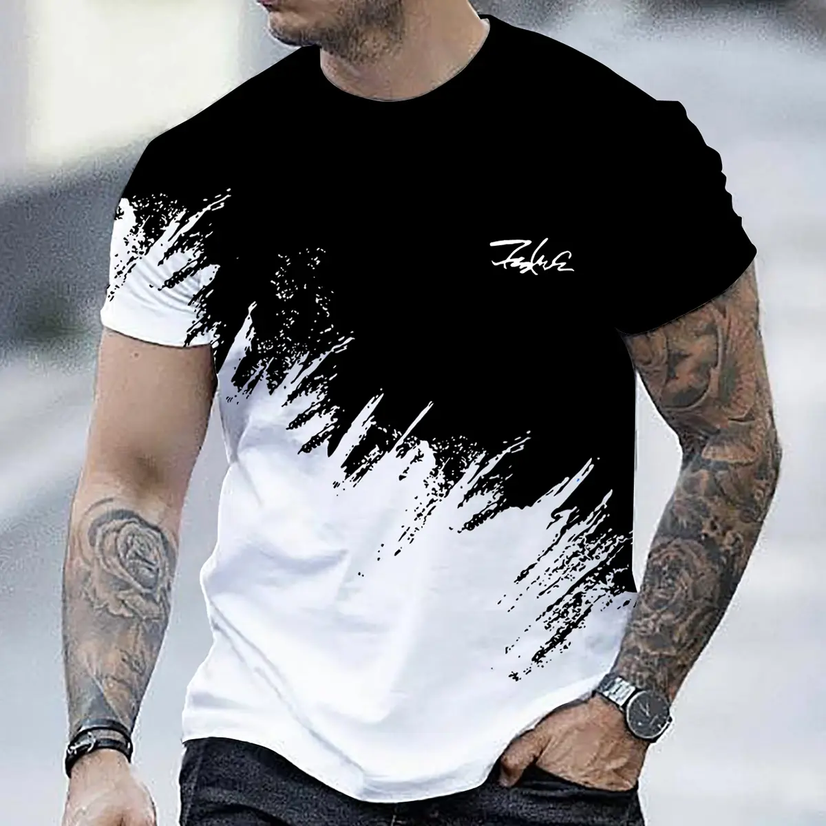 2024 Casual Men's T-Shirts Summer Clothing Ombre Shirts Oversized Short Sleeve Tops Boys Tees 4XL Vintage For Mens T-Shirts