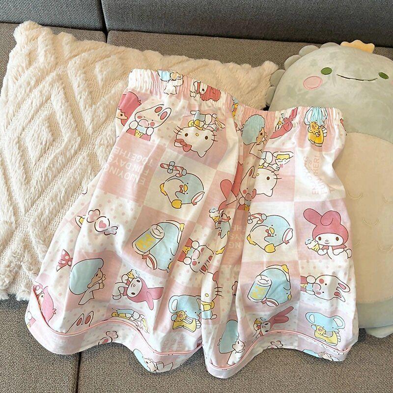 Bộ Đồ Ngủ Kẻ Sọc Hello Kitty, Ngọt Ngào Và Dễ Thương, Dành Cho Nữ, Vải Mỏng Mùa Hè, Hàng Mới Về, ngắn Tay, Quần Đùi, Thích Hợp Cho Học Sinh, Bộ Đồ Mặc Nhà Women Áo 4