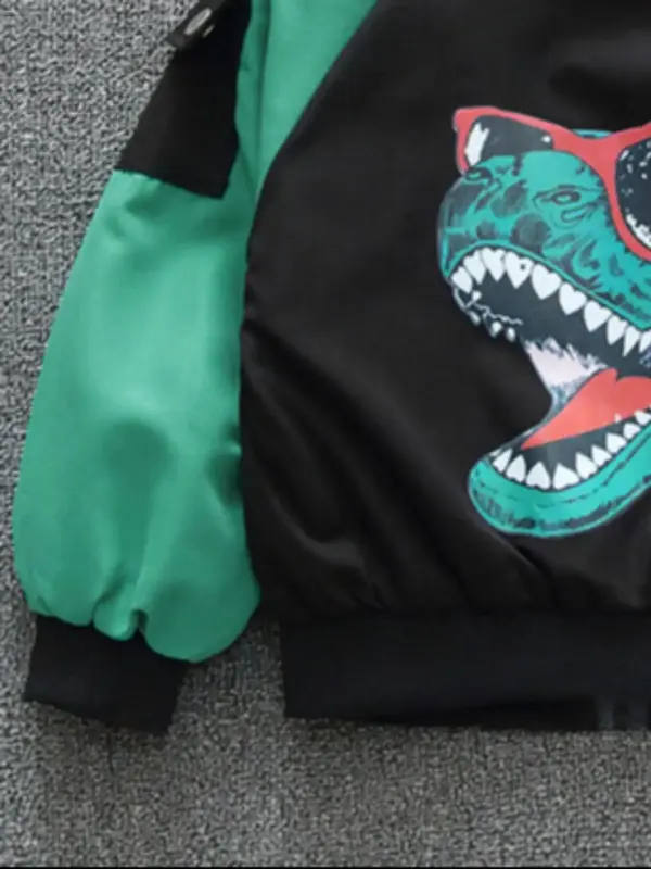 Boys Colorblock Dinosaur Print Pocket Zip Up Bomber Jacket, Casual Raglan Sleeve Mock Neck Outerwear for Fall & Winter, Kids Clothes for Daily Wear 6