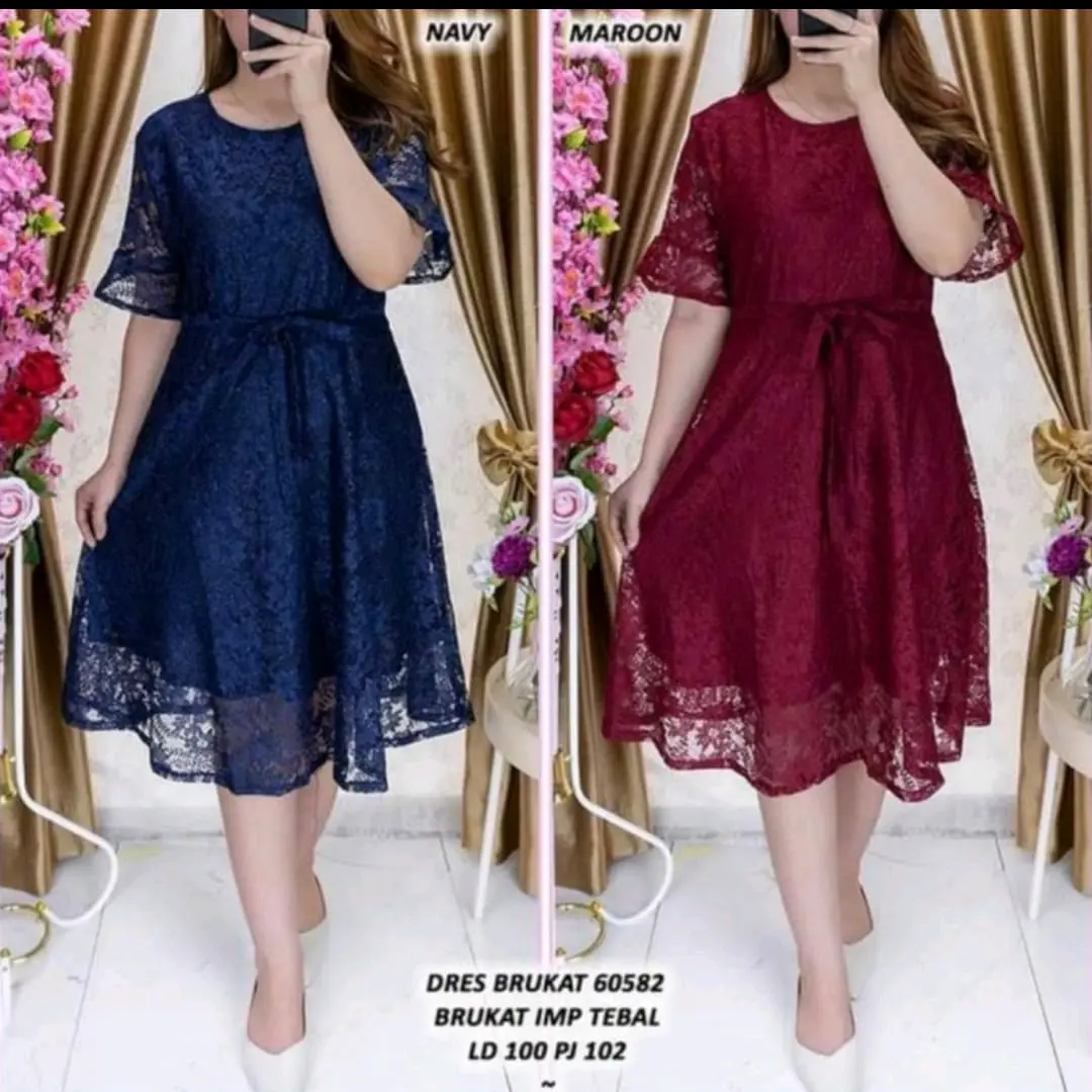 Bisa COD~Dress Wanita Brokat Dress Modern Dress Natal Dress Kondangan Midi Dress
