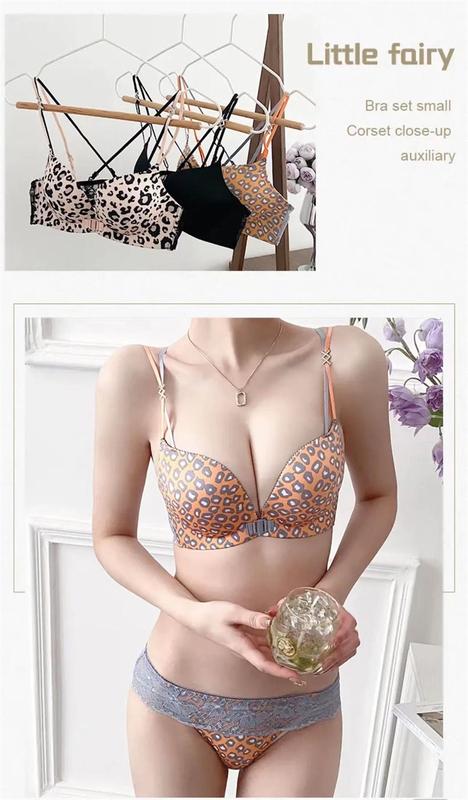 Product Introduction of Front Buckle Leopard Print Underwear Women's Sexy Pure Desire Small Chest Push up Big Lace Beautiful Back Underwired Bra Suit 6