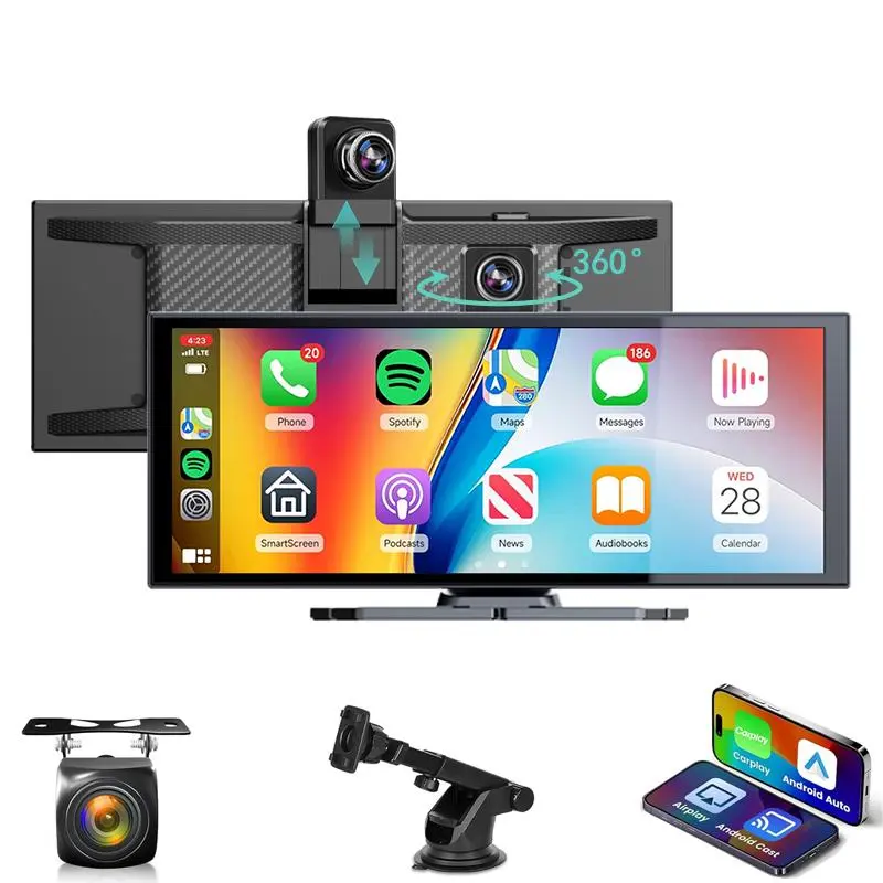 11.26 Inch Wireless Car Play Screen, Car Video Player with 4K 360° Rotatable Dashcam, Car Audio Receiver with BT, AUX, FM, Automotive