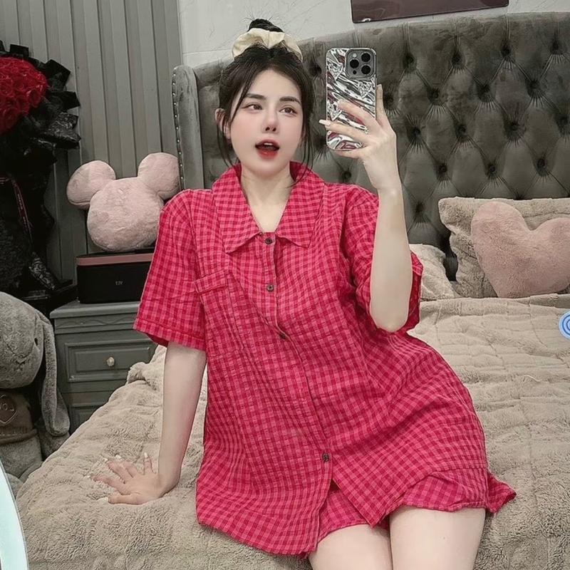 Set Bộ Ngủ Pijama Kẻ Caro Cổ Nhọn 4