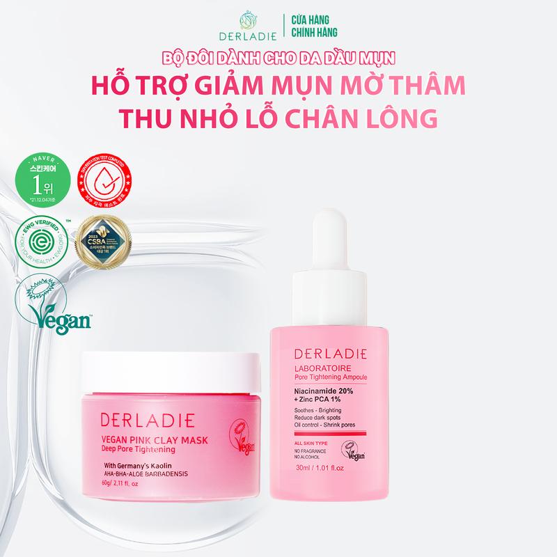 (KOL) Bộ Đôi Hỗ Trợ Kiềm Dầu, Ngừa Mụn, Thu Nhỏ LCL Serum Niacinamide 20% , Mặt Nạ Đất Sét Derladie Vegan Pink Clay Mask Deep Pore Tightening   Skincare