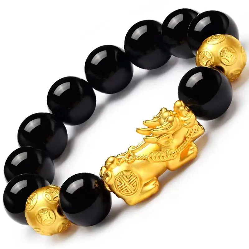 Vòng Tay Tỳ Hưu, Vàng Cát Việt Nam, Unisex, Vòng Tay Hạt Obsidian Phật Giáo, Thu Hút May Mắn Và Giàu Có  dây đeo tay nam