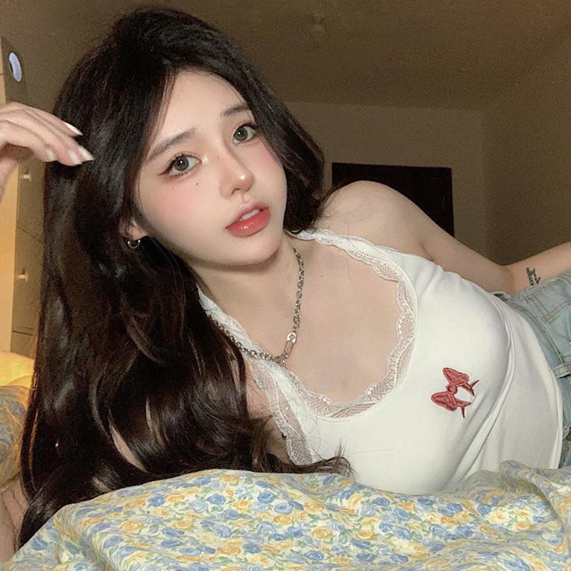 Women Fashion Tank Tops Lace Trim Bow Embroidery Halter Neck Vests SummerFit Backless Sleeveless Cropped Tops Streetwear 3