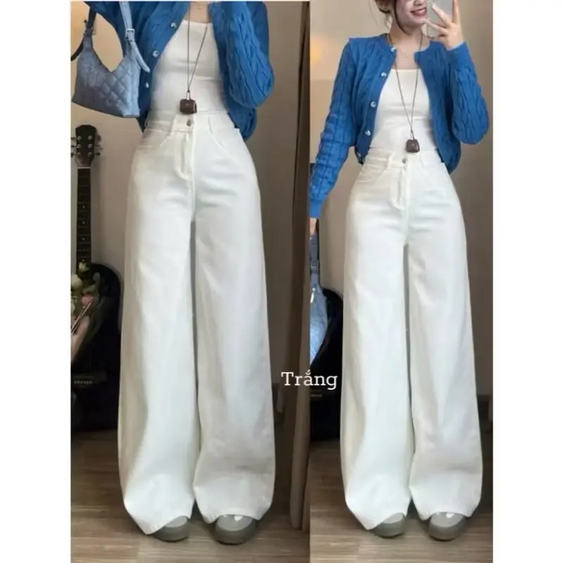 ￼Quần jeans trắng dáng suông lưng cao chất bò dày ống rộng phong cách Hàn Quốc