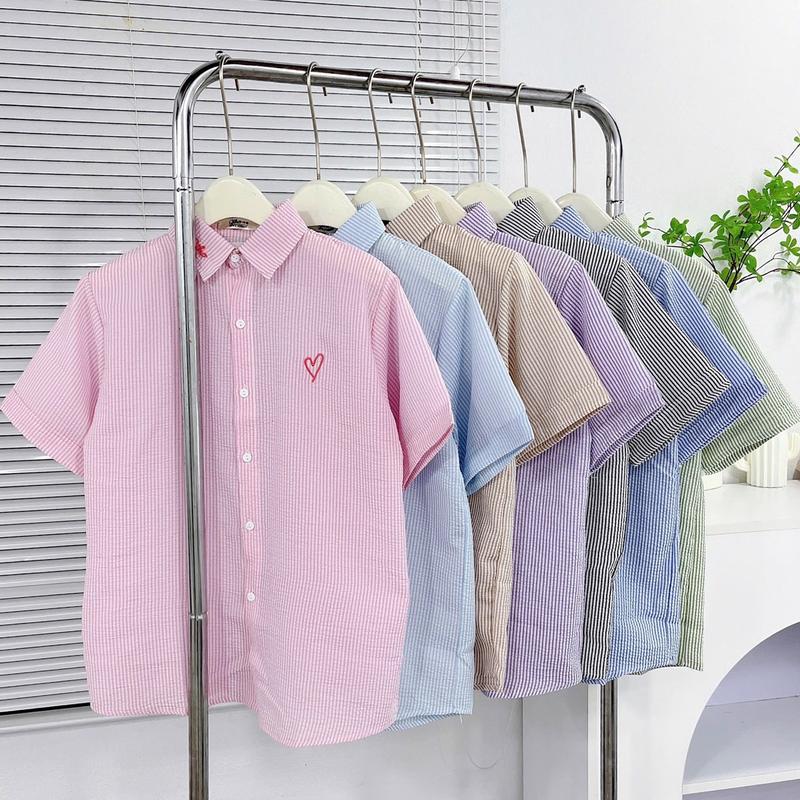 [A19] Áo sơ mi nữ Qiho kẻ sọc SM cộc tay Women Top | BigBuy360 - bigbuy360.vn