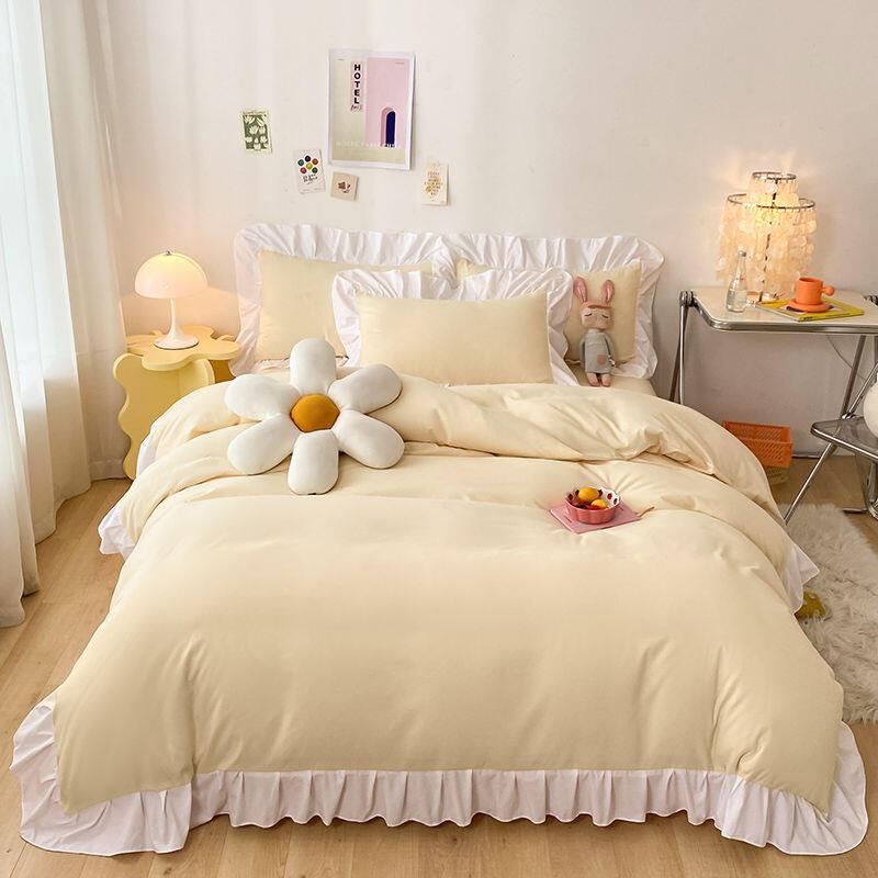 Product Introduction of Ins Princess Wind Fairy Girl Heart Solid Color Cream Matte Bed Three or Four Piece Set Internet Red Lotus Leaf Lace Korean Edition 20