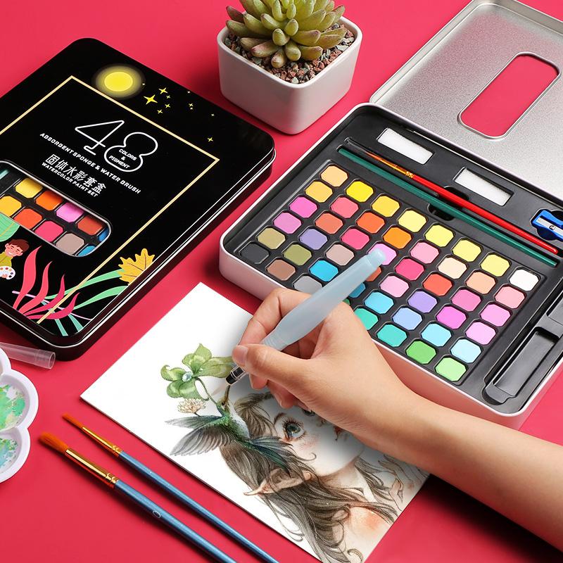 Tặng giấy 300gsm Màu Nước Solid Water Color 12/18/24/36/48 Màu Cao Cấp,Đi kèm 2 Bút Nước, 2 Mút, 1 Palette Màu tươi