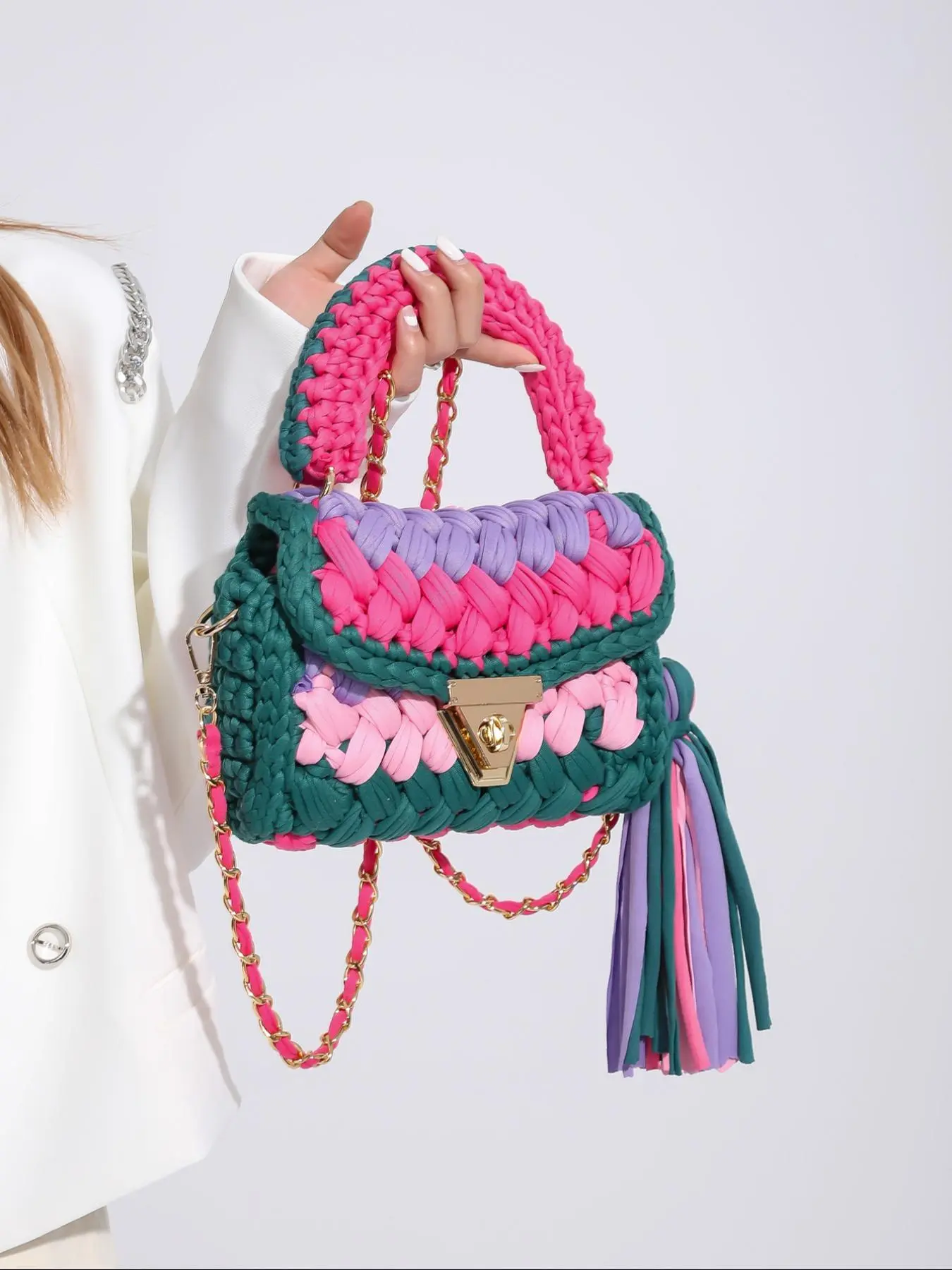 Women's Colorblock Crochet Handmade Bag, Fashionable Tassel Decor Crossbody Bag for Daily Used, Casual Trendy Versatile High-quality Daily Commuting Bag