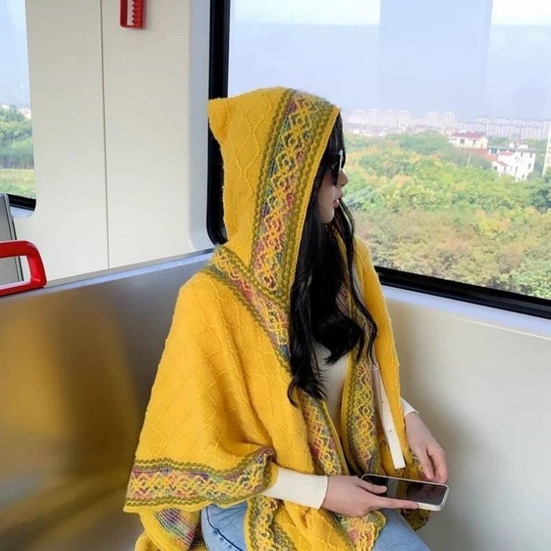 Khăn Choàng Cho Nữ, Mùa Thu Và Mùa Đông, Phong Cách Dân Tộc, Viền Cầu Vồng, Trang Trí Ngoài Trời, Khăn Choàng Có Mũ Trùm Đầu, Thích Hợp Cho Du Lịch Và Chụp Ảnh Ngoài Trời, Áo Choàng Ấm Áp Women Nhung Quàng Cổ Voi 5