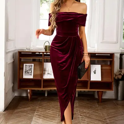 Burgundy off the orders shoulder bodycon dress