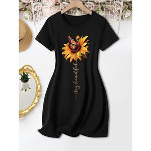 Vestido tipo camiseta estampado, estilo informal de manga corta y cuello redondo, con estampado por transferencia térmica, ideal para primavera y verano, ropa de mujer